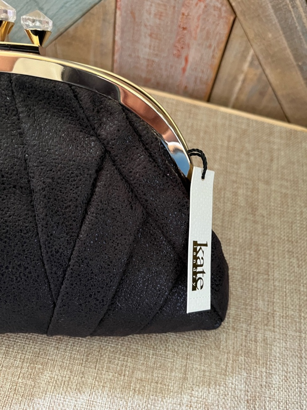 Kate Landry Black Pleated Clutch with Gold Frame - Picture 6 of 8